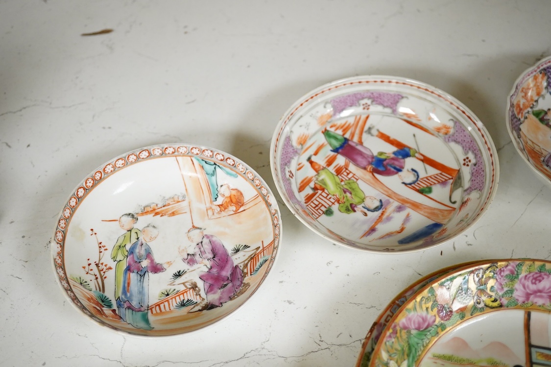 A collection of Chinese Canton figural plates, 19th century, together with an 18th century export famille rose saucer, largest 16cm (7)